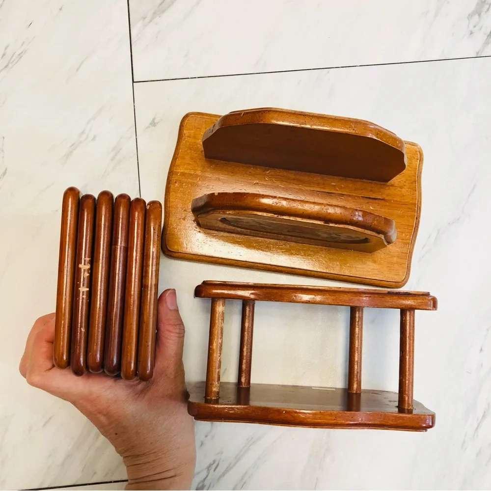 VTG Wood Countertop Trinket Shelf Spice Rack Napkin Coaster Holders Set Cottage